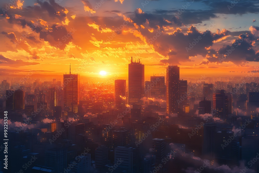 Fototapeta premium Sunrise over City Skyline, Golden Hour in Urban Landscape