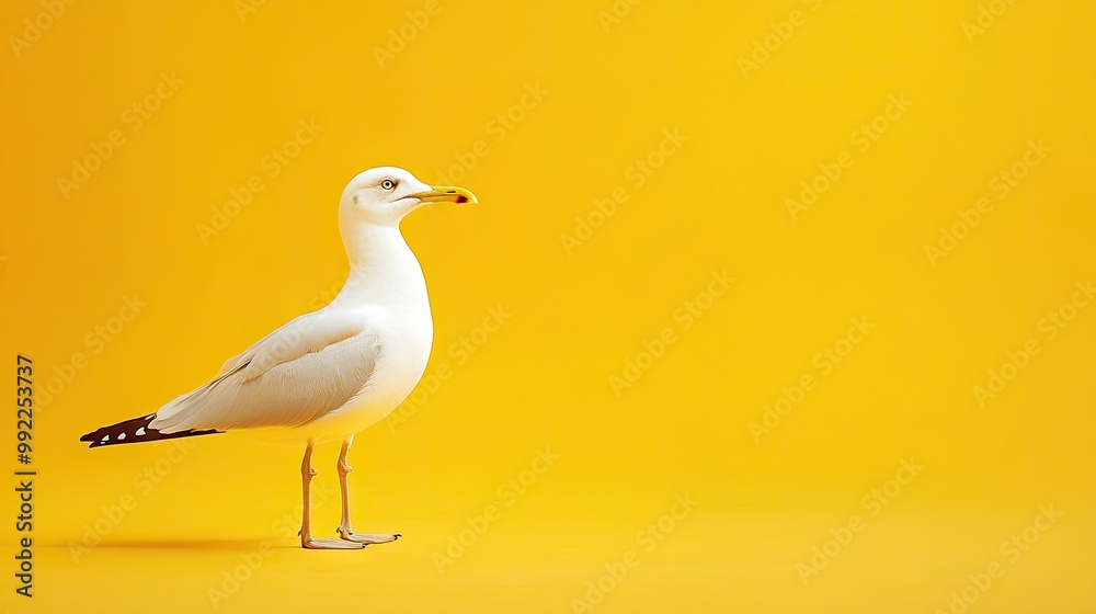 A natural white seagull standing on one leg, isolated against a bright yellow background. The single color emphasizes the bird's elegant posture and pure feathers. A natural white seagull standing on one leg, isolated against a bright yellow background. The single color emphasizes the bird's elegant posture and pure feathers.