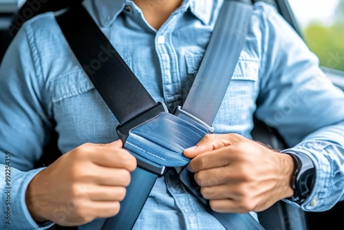 A close-up of a person buckling their seatbelt in a car, emphasizing the importance of road safety