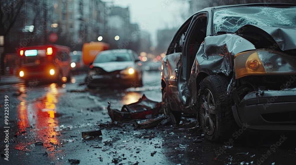 Damaged Car on Wet Street After an Accident Damaged Car on Wet Street After an Accident