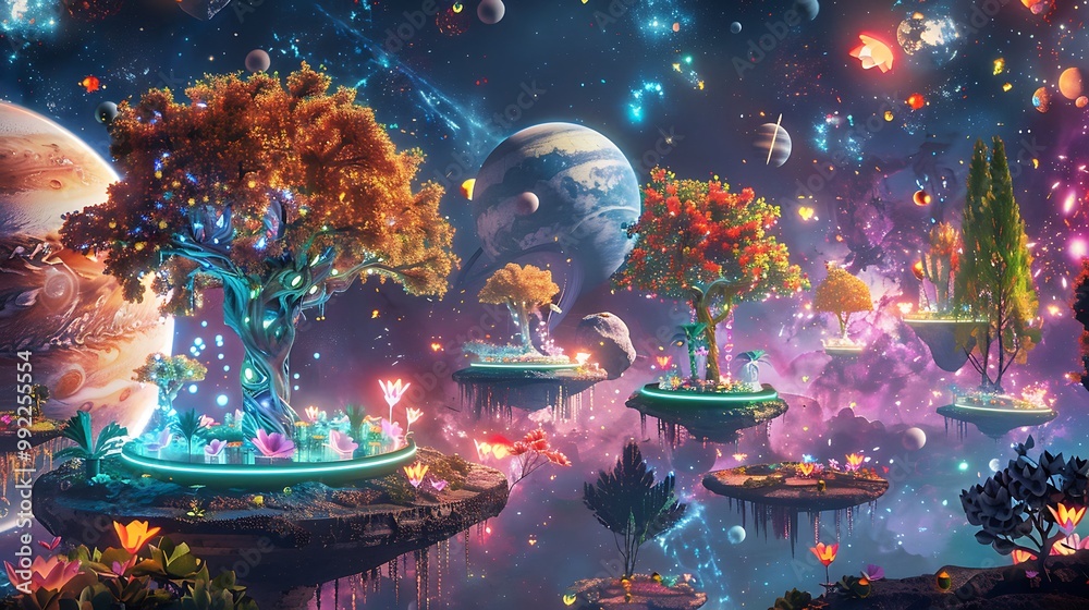 Floating Islands With Trees and Flowers in a Cosmic Setting Floating Islands With Trees and Flowers in a Cosmic Setting
