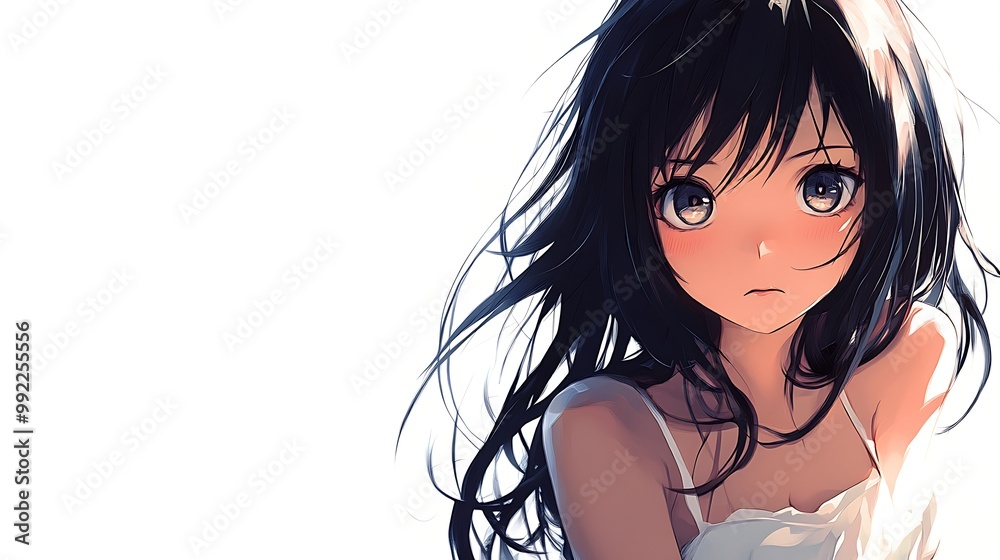 Naklejka premium Anime girl with long black hair and blue eyes
