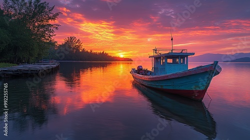 Tranquil Sunset Over Calm Waters with Fishing Boat