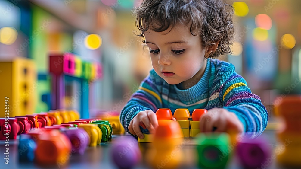 Young Child Playing with Colorful Building Blocks