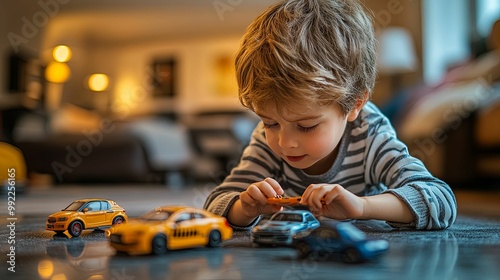 A Young Boy Plays with Toy Cars on the Floor