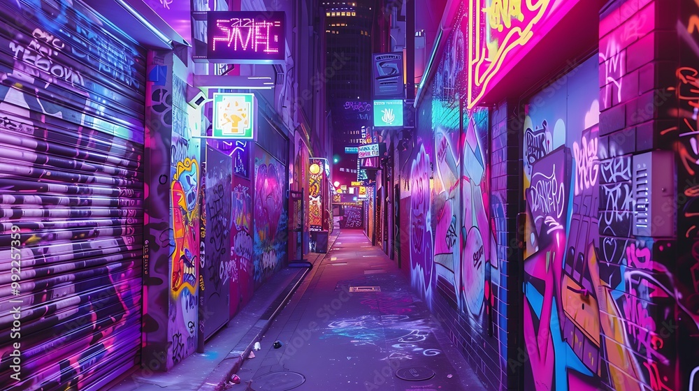 Naklejka premium Neon-Lit Graffiti Alleyway in Urban Cityscape