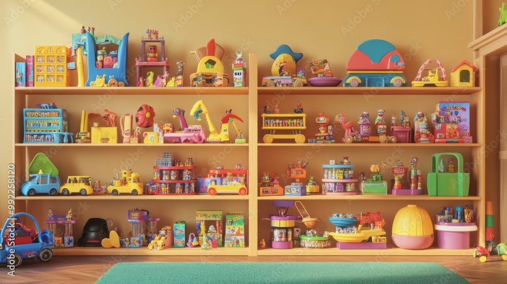 A Toy-Filled Bookshelf in a Playroom with Colorful Toys A Toy-Filled Bookshelf in a Playroom with Colorful Toys