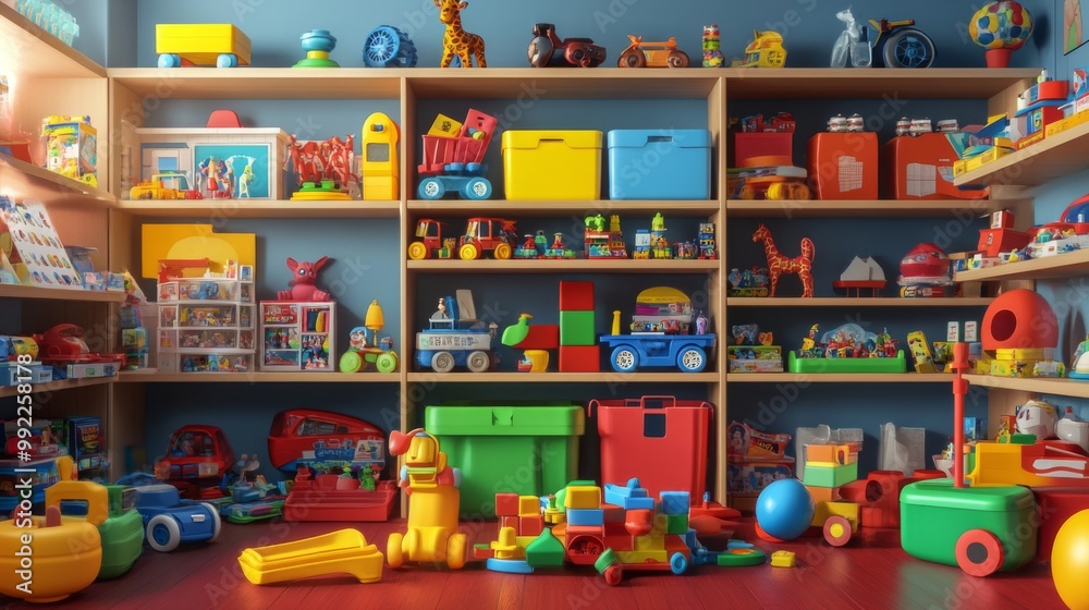 Naklejka premium A Playroom Filled with Colorful Toys and Wooden Shelves