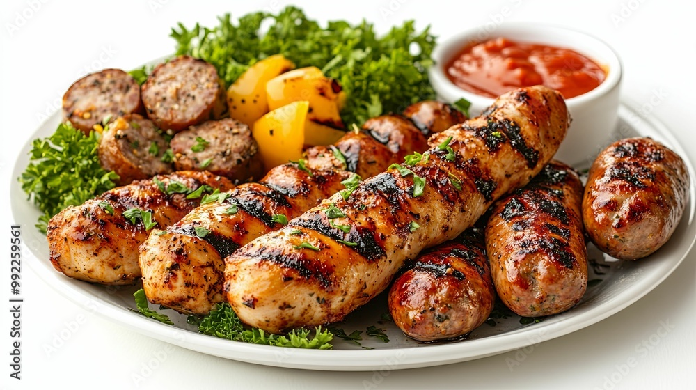 Grilled Sausages, Peppers, and Parsley on a White Plate with Tomato Sauce Grilled Sausages, Peppers, and Parsley on a White Plate with Tomato Sauce