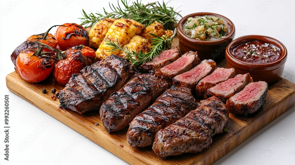 Grilled Steak, Corn on the Cob, Tomatoes, and Dips on a Wooden Cutting Board Grilled Steak, Corn on the Cob, Tomatoes, and Dips on a Wooden Cutting Board