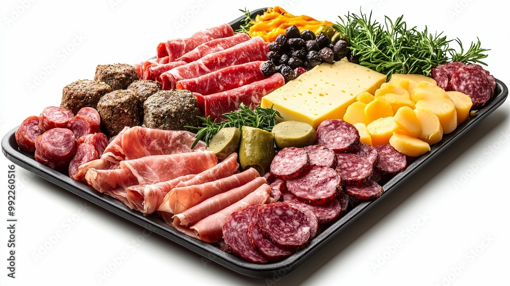 Assorted Meats, Cheeses, and Olives on a Black Platter Assorted Meats, Cheeses, and Olives on a Black Platter