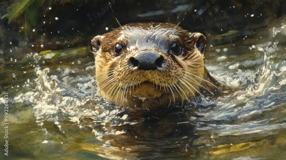Watercolor painting of a playful otter swimming in a lush, verdant river during spring Watercolor painting of a playful otter swimming in a lush, verdant river during spring