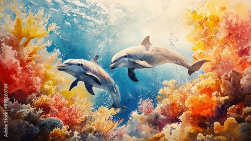 Watercolor painting of a playful pod of bottlenose dolphins swimming through a vibrant, coral reef