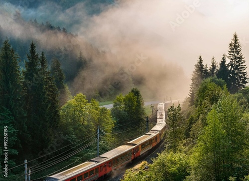 Misty morning in the mountains with a train as a view