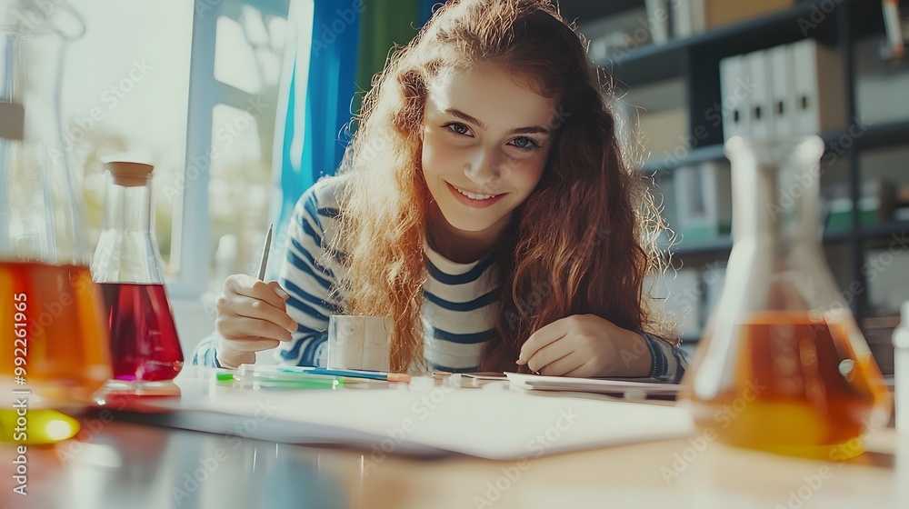 Young Woman with Long Red Hair Studying in a Chemistry Lab Young Woman with Long Red Hair Studying in a Chemistry Lab