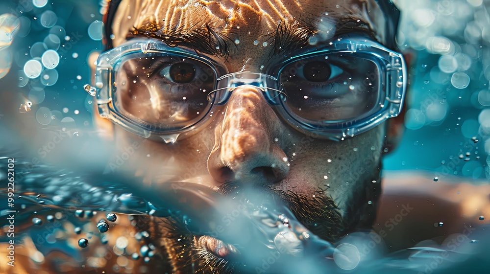 Naklejka premium Underwater Close-up of a Man Wearing Goggles