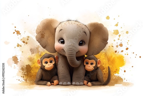 A cute elephant calf and two joyful monkeys, snuggling together with big, innocent eyes, against a background of watercolor splashes in earthy tones photo