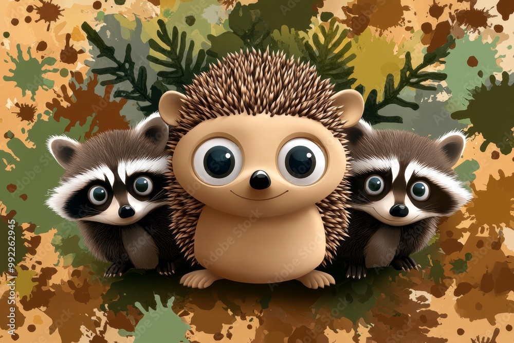 A cute hedgehog and two mischievous raccoons, all with oversized eyes, set against a background of splashes in shades of green and brown A cute hedgehog and two mischievous raccoons, all with oversized eyes, set against a background of splashes in shades of green and brown