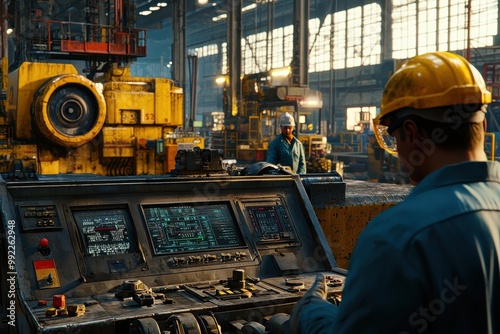 Worker operating heavy machinery controls in industrial factory