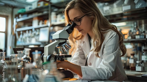 A Female Scientist in a Lab Coat Uses a Microscope to Examine a Sample