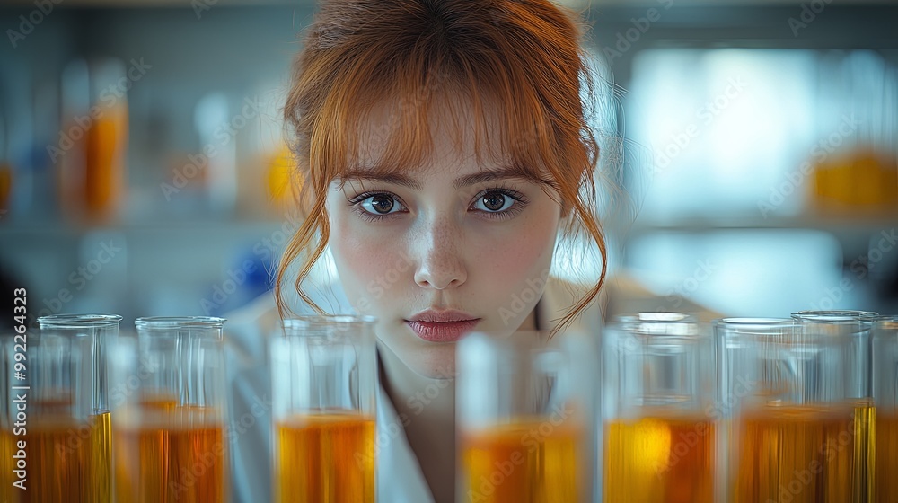 Focused Scientist in Laboratory with Orange Samples Focused Scientist in Laboratory with Orange Samples