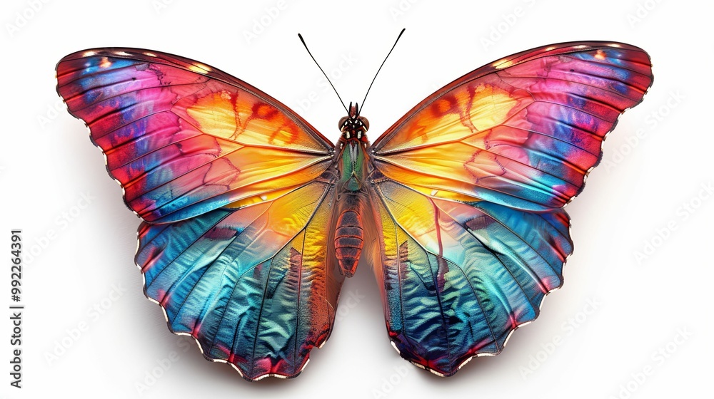 Fototapeta premium Vibrant Butterfly with Multicolored Wings on a White Background