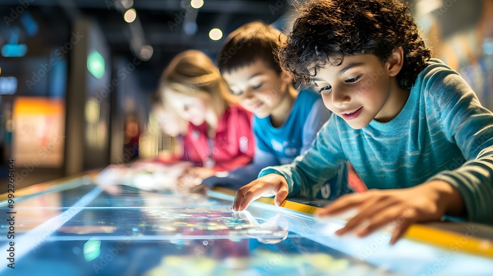 Young Boy Interacting with a Touchscreen Exhibit Young Boy Interacting with a Touchscreen Exhibit