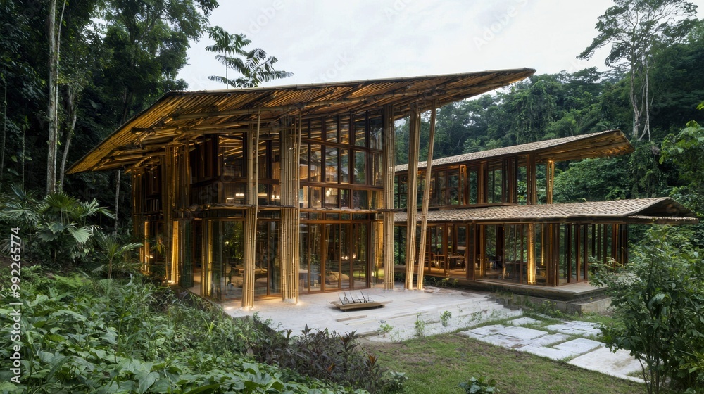 Sustainable Tropical Wooden Architectural Structure Nestled in Lush Rainforest Landscape