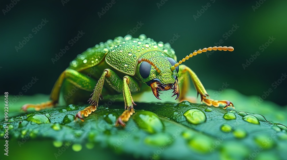 Fototapeta premium Vibrant Green Beetle with Water Droplets on Leaf