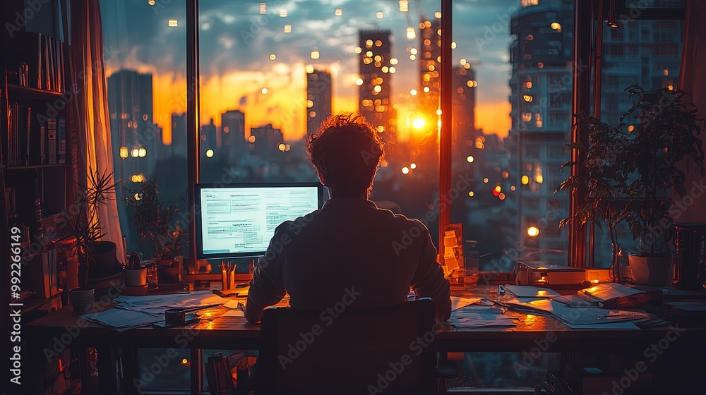 Sunset View from Home Office with Working Person Sunset View from Home Office with Working Person