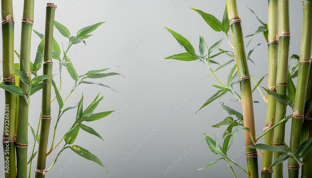 Naklejka premium A cluster of thin bamboo shoots with tiny leaves at the top, softly isolated on a light grey