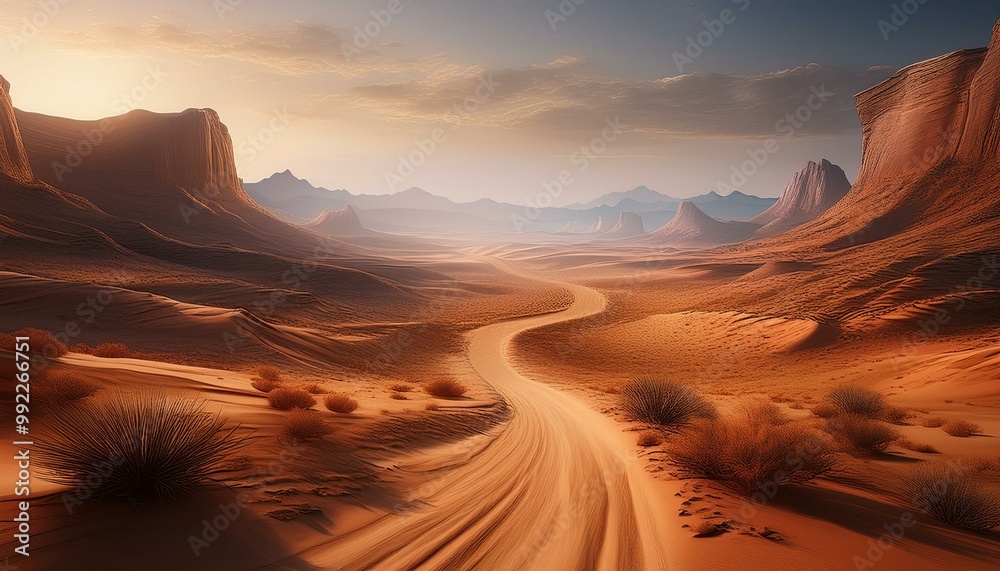 Fototapeta premium A dusty trail winding through the desert towards a distant canyon, with soft, muted browns a