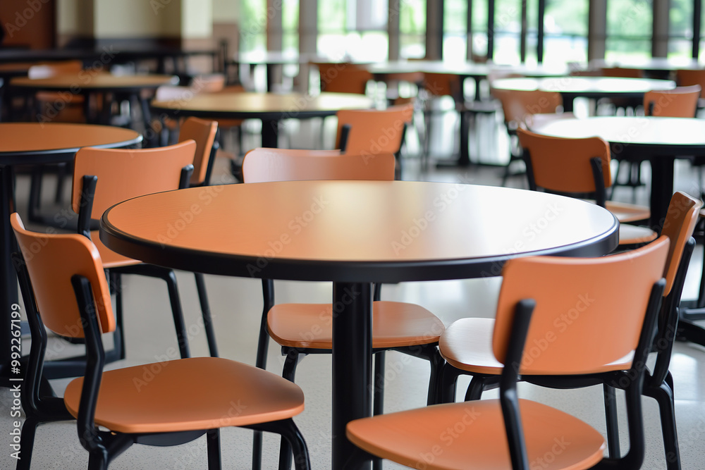 cafeteria space with orange laminate seating and tables arranged for dining cafeteria space with orange laminate seating and tables arranged for dining
