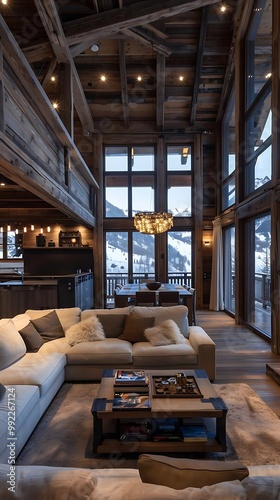 Cozy wooden interior of a modern mountain lodge with large windows and stylish furnishings.