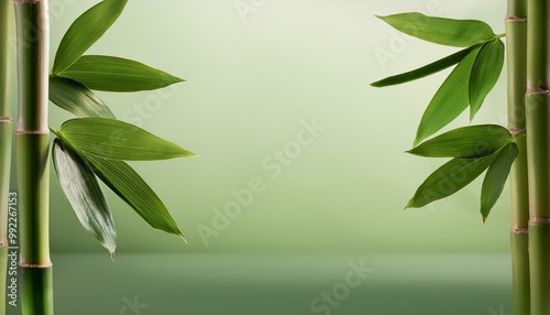 A horizontal bamboo stalk with lush green leaves cascading downwards, isolated on a muted so