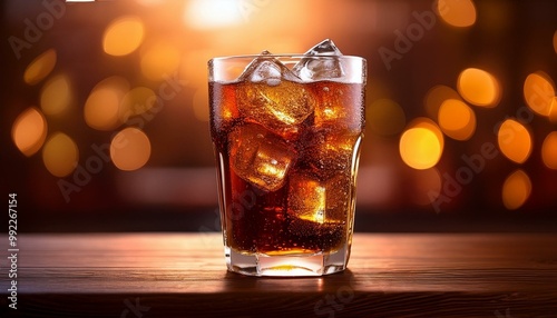 A high-angle shot of a refreshing glass of cola filled with ice cubes, condensation forming