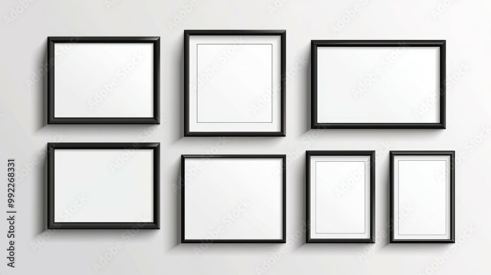 A collection of black framed white pictures A collection of black framed white pictures