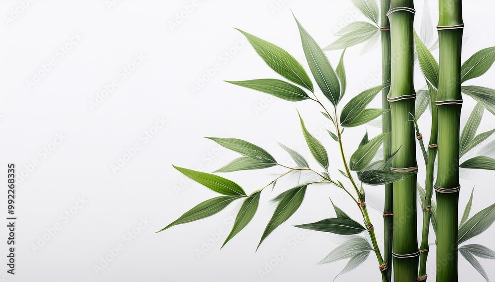 Obraz premium A single bamboo stalk with delicate green leaves cut out cleanly on a white background, with
