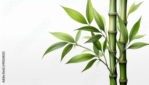 A single bamboo stalk with delicate green leaves cut out cleanly on a white background, with photo