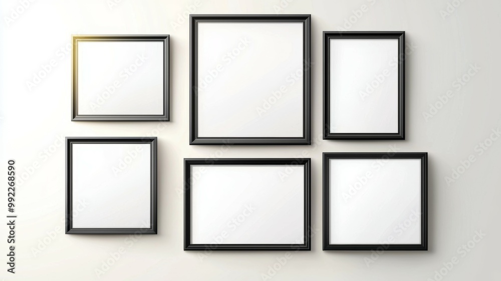 A row of black framed white picture frames with a white background A row of black framed white picture frames with a white background