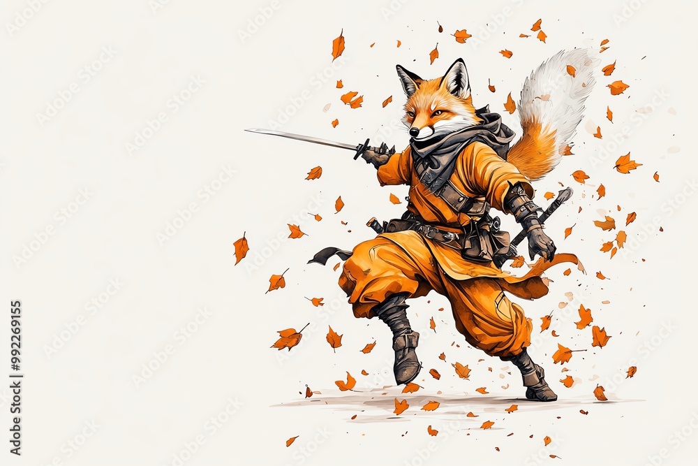A spirited fox warrior in action, wielding a sword amidst swirling autumn leaves, showcasing a dynamic and vibrant art style.