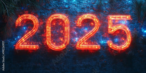 Bright neon numbers "2025" on a textured background.