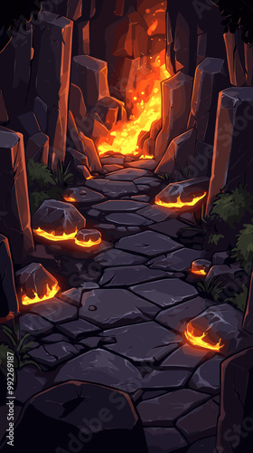 Dark rocky volcanic pathway with glowing lava streams, surrounded by cliffs and vegetation in a fantasy inspired volcanic landscape setting