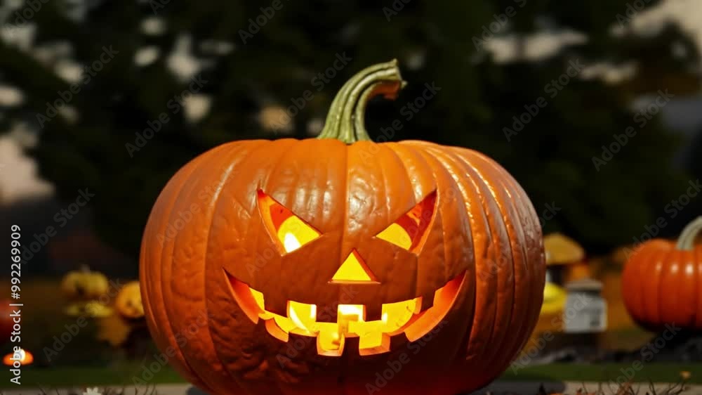 A carved jack-o'-lantern shines brightly at dusk, showcasing a spooky face with glowing features, amidst a patch of pumpkins. A carved jack-o'-lantern shines brightly at dusk, showcasing a spooky face with glowing features, amidst a patch of pumpkins.