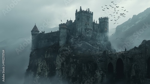 Dracula castle perched on a cliff with bats swarming around its towers. 3D illustration photo