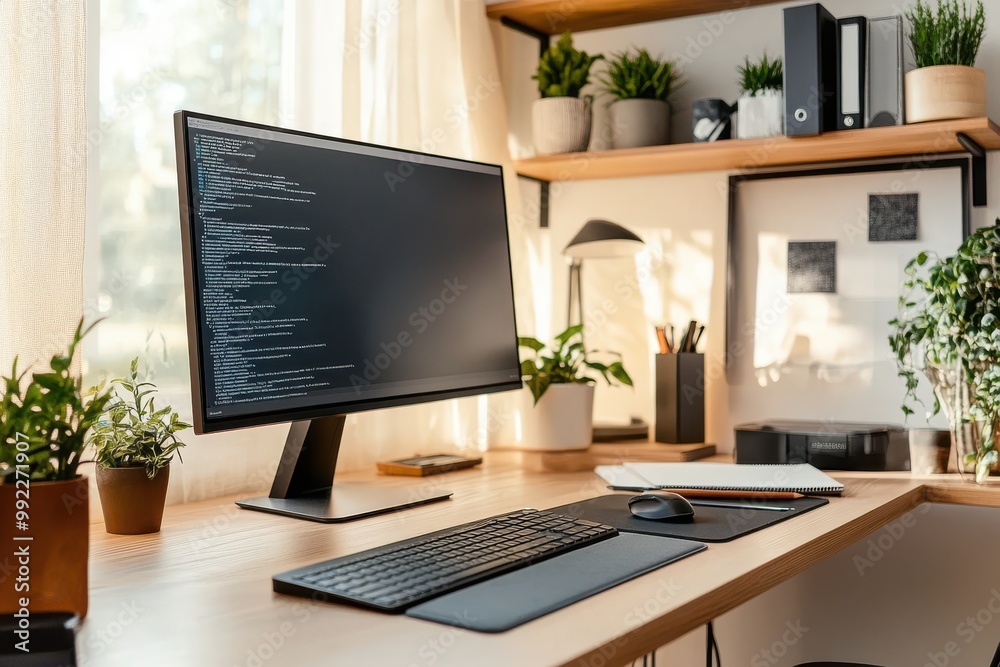 A home office setup with a large monitor, a keyboard, and neatly arranged notebooks on a clean desk A home office setup with a large monitor, a keyboard, and neatly arranged notebooks on a clean desk