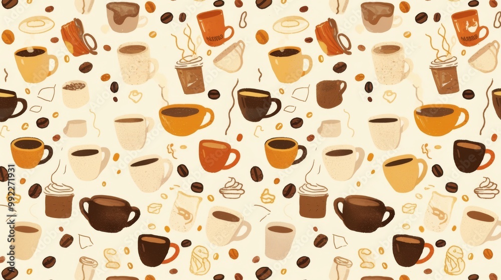 Minimalist Coffee Bean Mug Cup Seamless Pattern on a White Background Minimalist Coffee Bean Mug Cup Seamless Pattern on a White Background