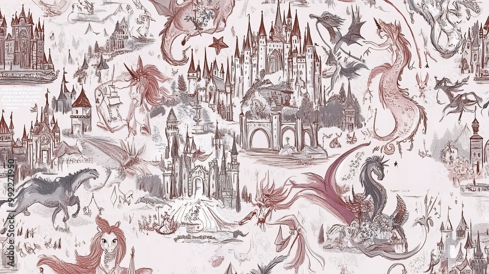 Naklejka premium A whimsical illustration of a fairytale kingdom with castles, dragons, and unicorns, all drawn in shades of pink and gray.