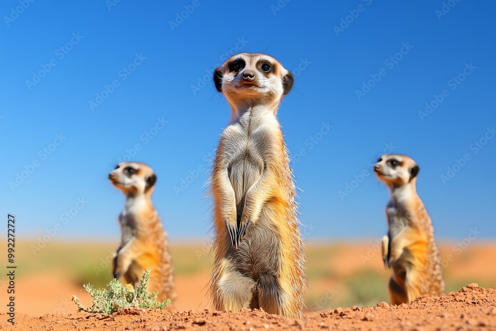 A family of meerkats standing upright, scanning the horizon for predators in the vast desert landscape A family of meerkats standing upright, scanning the horizon for predators in the vast desert landscape