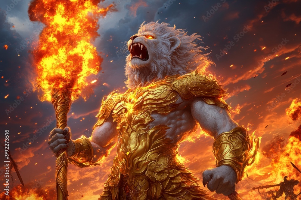 A fierce lion humanoid warrior in golden armor, wielding a massive flaming sword, standing in the midst of a raging battle with fiery skies A fierce lion humanoid warrior in golden armor, wielding a massive flaming sword, standing in the midst of a raging battle with fiery skies